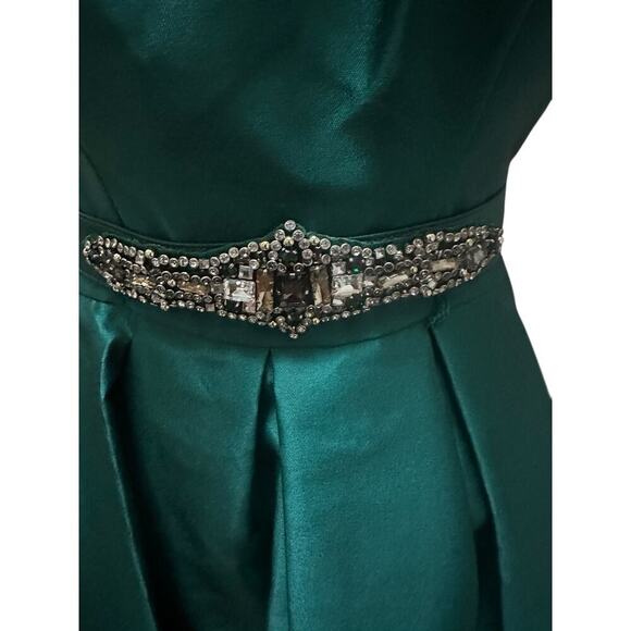 Eliza J Off-Shoulder Satin Gown - Emerald Green - Size 6. Embellished belt. - Picture 6 of 9